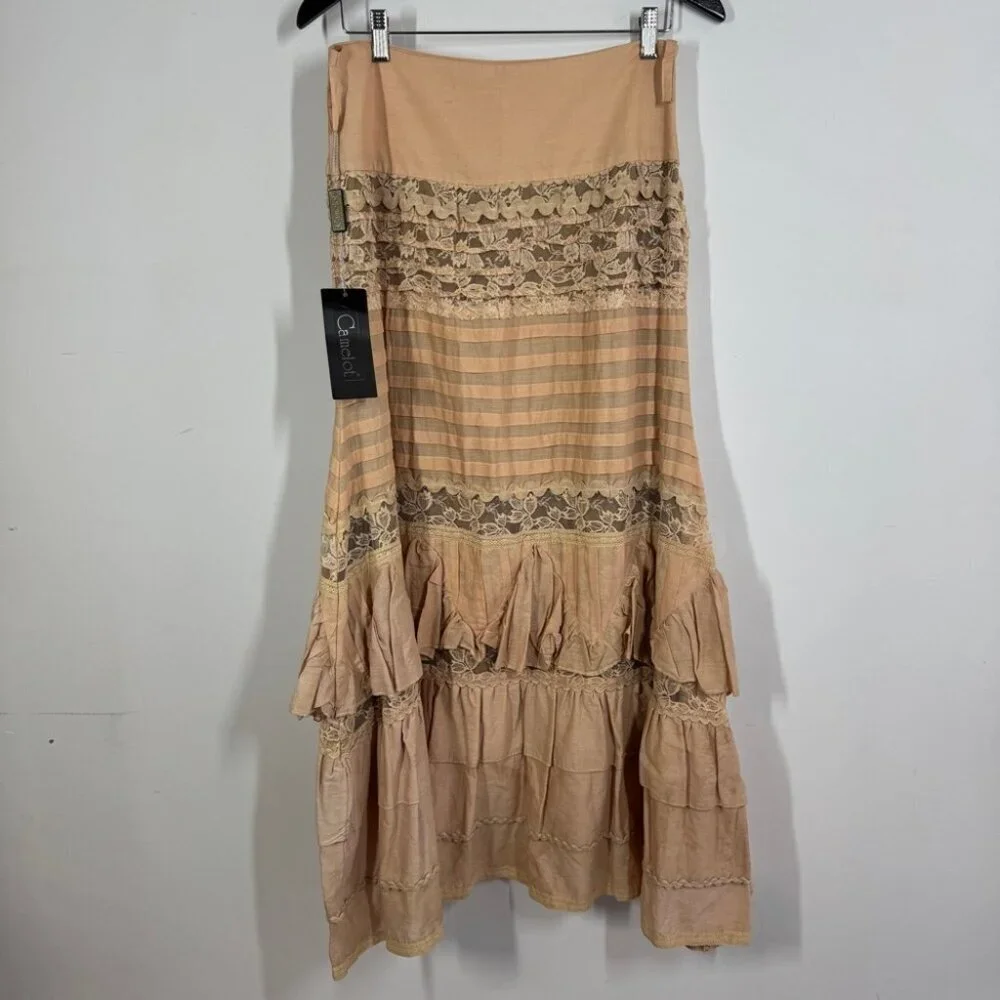 Camelot Italy Peach Lace Tiered Midi Skirt Size S Boho Romantic Cottagecore